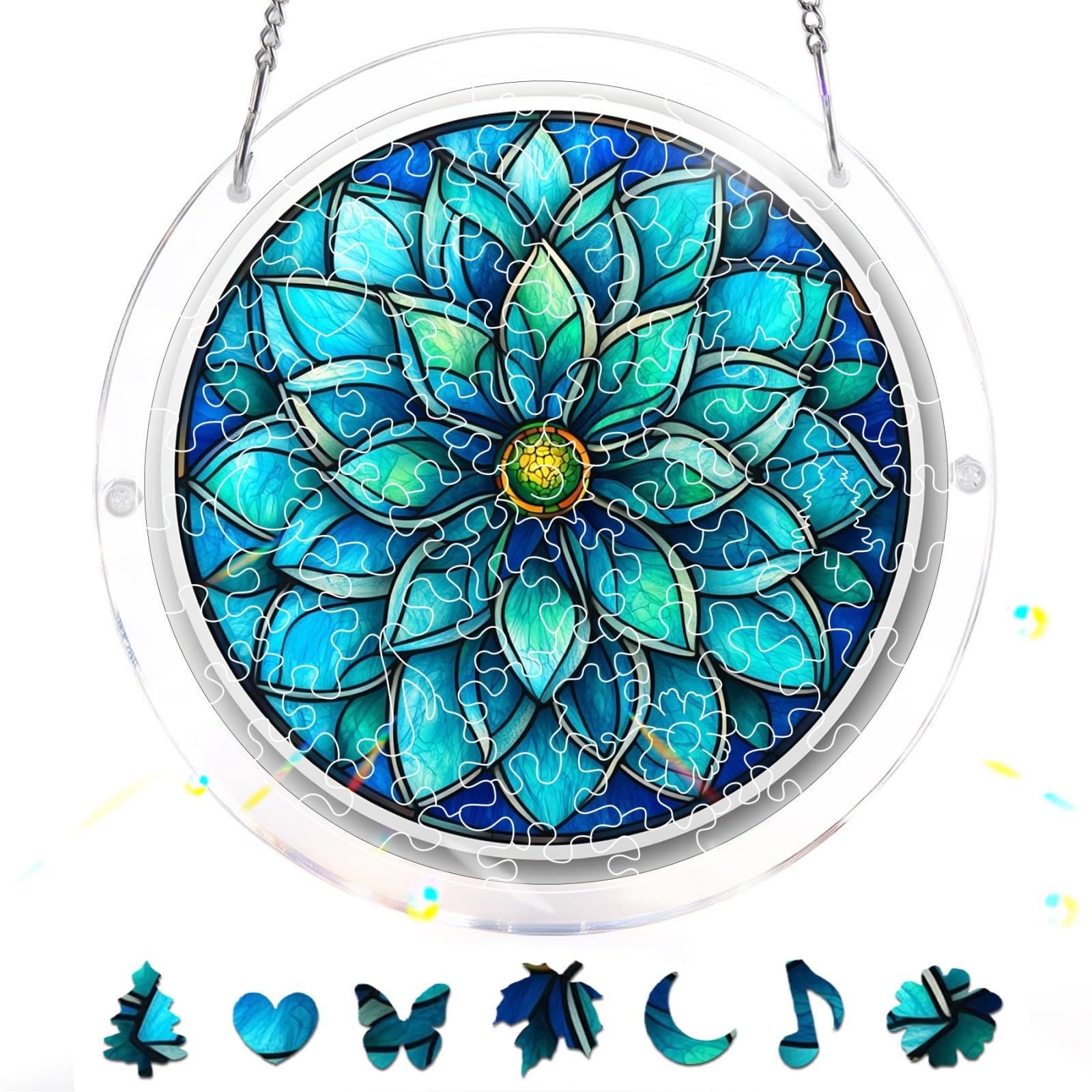 Bimkole 83 Pieces Acrylic Jigsaw Puzzle Suncatcher - Blue Flower, Stained Glass Window Hanging Pendant, Home Decor Creative Mom Gifts, Sun Catcher Decor for Garden Home Birthday Gifts 18 cm