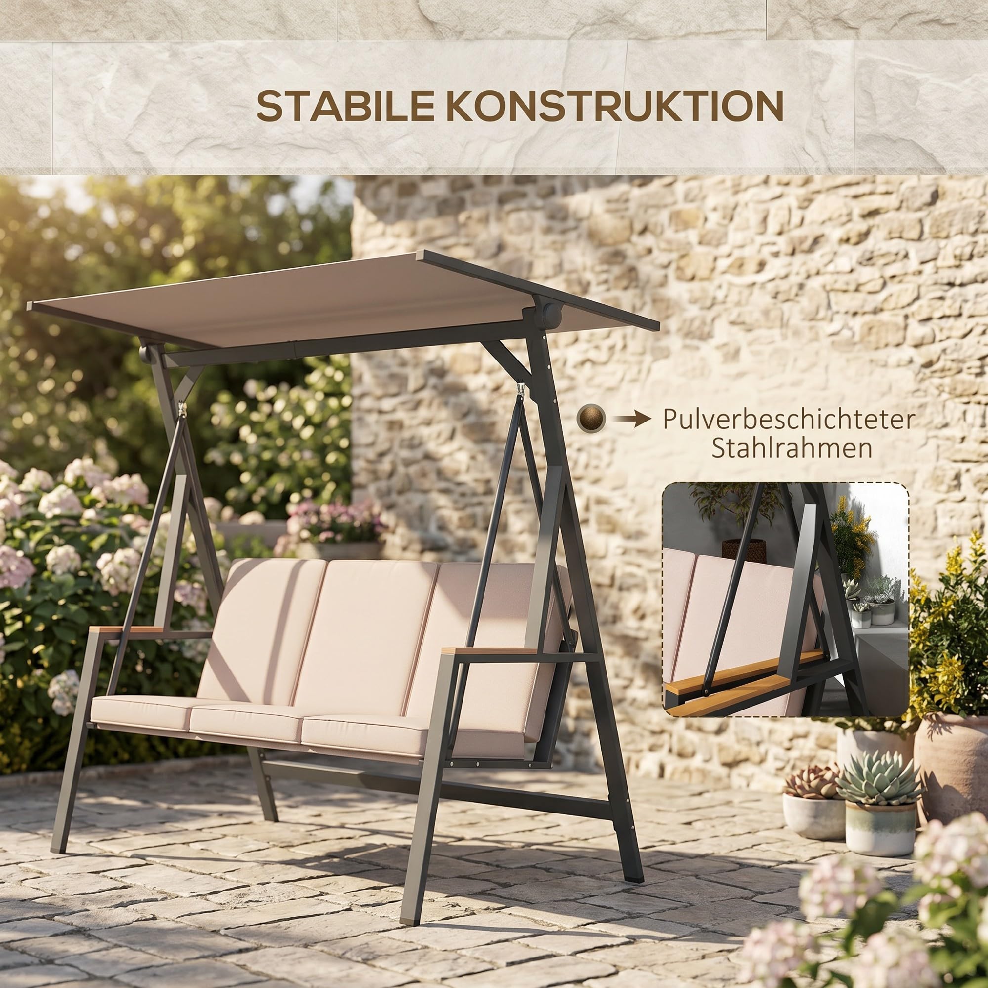 Outsunny Hollywoodschaukel 3-Sitzer Schaukelbank mit Kissen, Gartenschaukel mit regulierbarem Dach, bis zu 300 kg Tragfähigkeit, 205 x 130 x 175 cm, Khaki