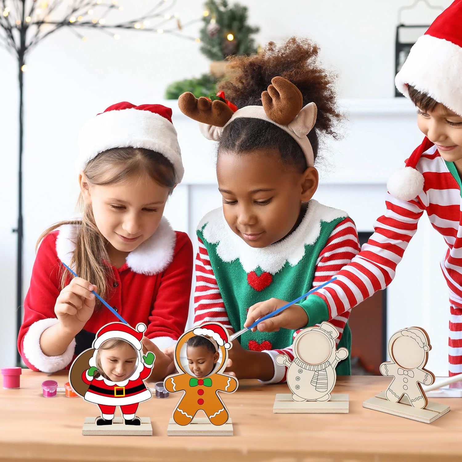 Vercraft 24 Sets Wood Christmas Picture Frame Craft for Kids Color Your Own Wooden Craft Kit Christmas Coloring Picture Frame for Xmas Holiday Tabletop Home Decorations Gift