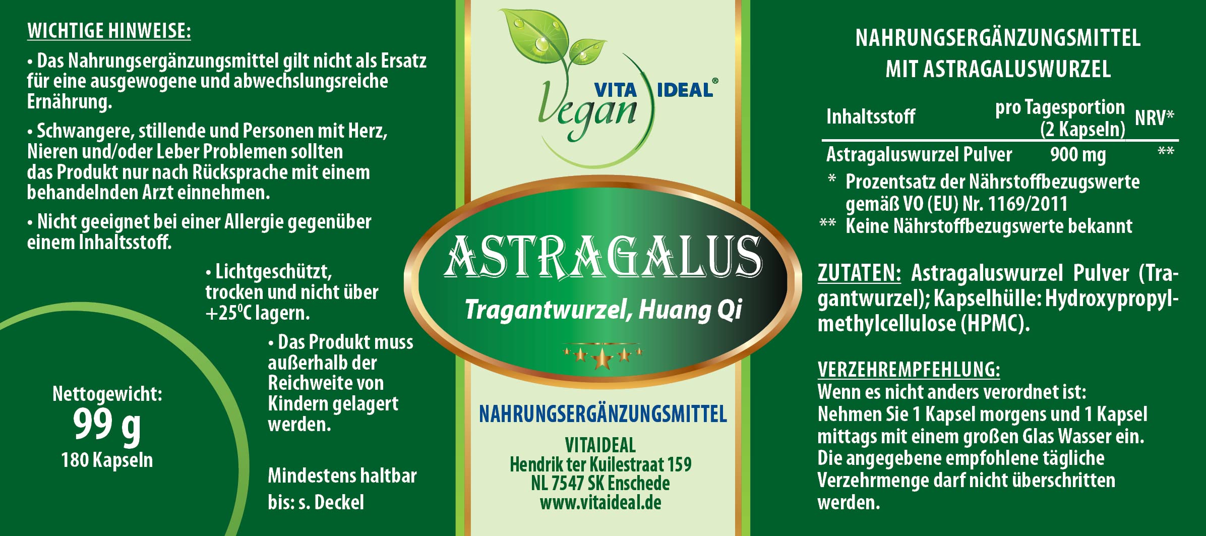 VITA IDEAL Vegan® Astragalus Wurzel 180 Kapseln - Astragalus membranaceus - Tagesportion 900mg Tragantwurzel reines Pulver. Pflanzlich, natürlich und ohne Zusatzstoffe, original von VITAIDEAL.