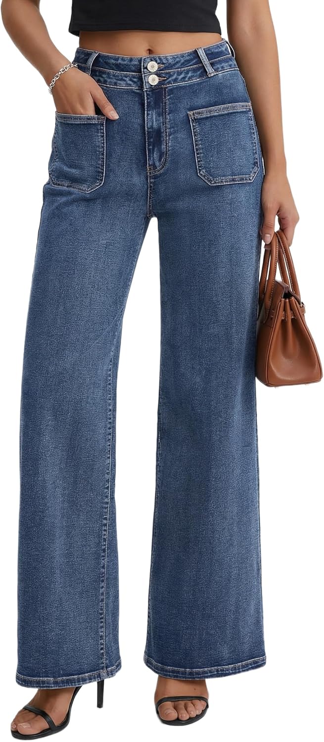 Women’s High Waist Wide Leg Jeans Stretchy Loose Denim Pants with Two Button Detail