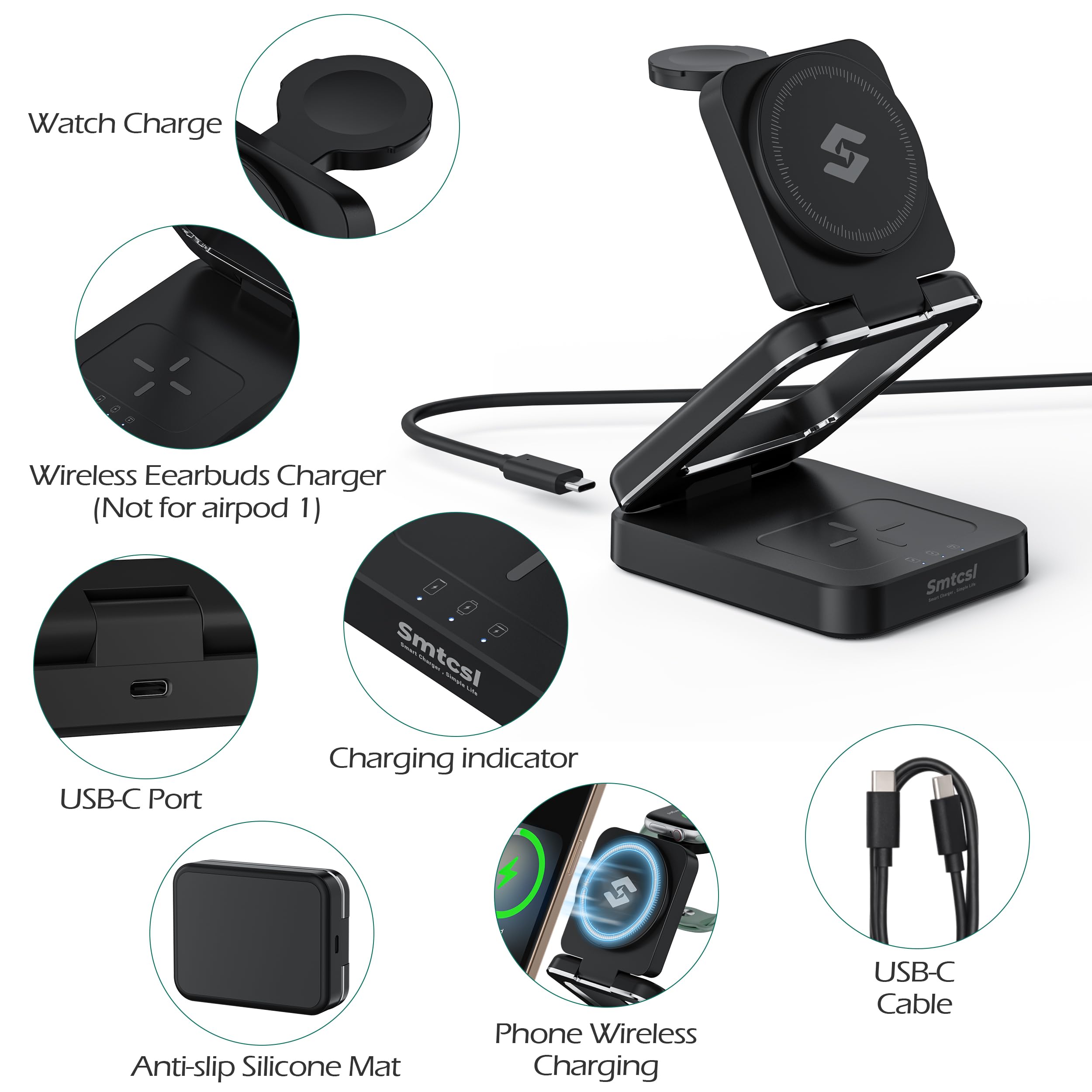 Smtcsl Stazione di ricarica wireless pieghevole 3 in 1: caricabatterie magnetico compatibile con iPhone 16 15 14 13 12 Series/Apple Watch/Airpods - Supporto pieghevole portatile per viaggi