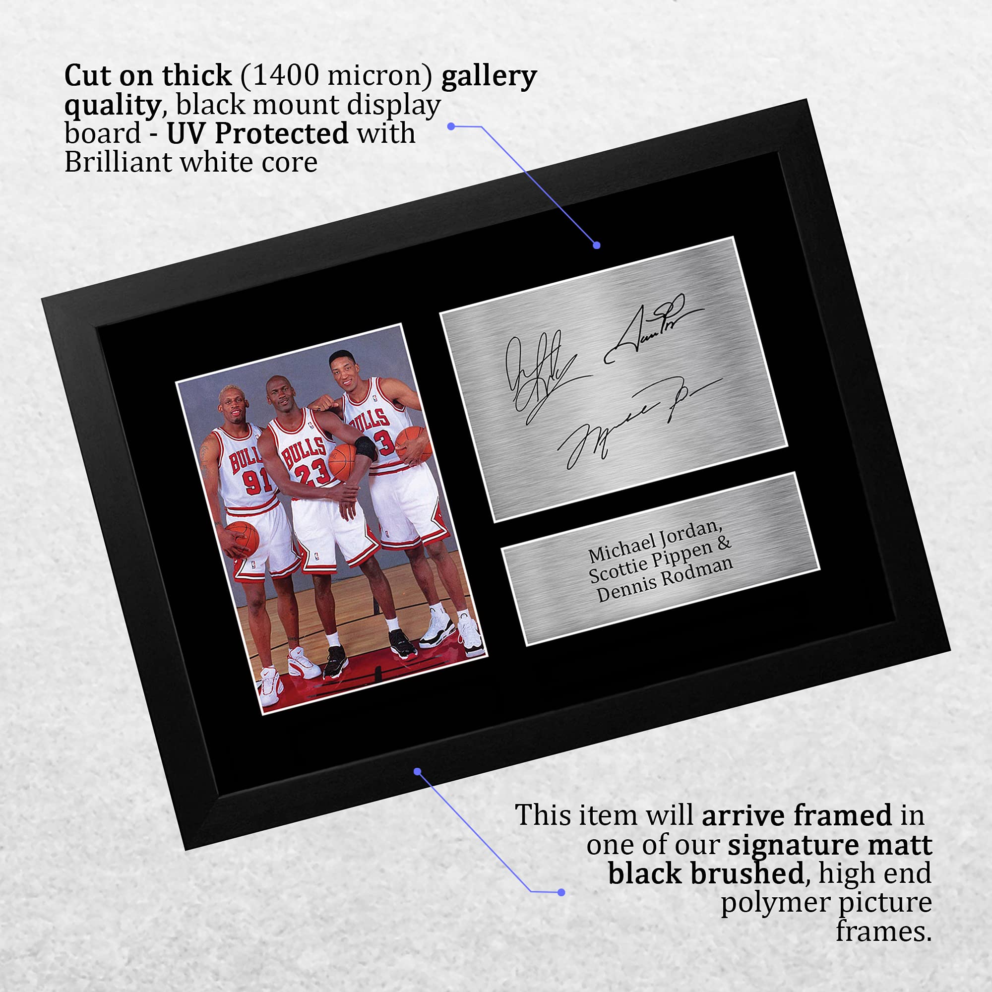HWC Trading FR A4 Michael Jordan Dennis Rodman and Scottie Pippen Chicago Bulls Prezenty Drukowane Podpisane Zdjęcie Z Autografem Dla Fanów Pamiątek Koszykarskich - A4 Framed