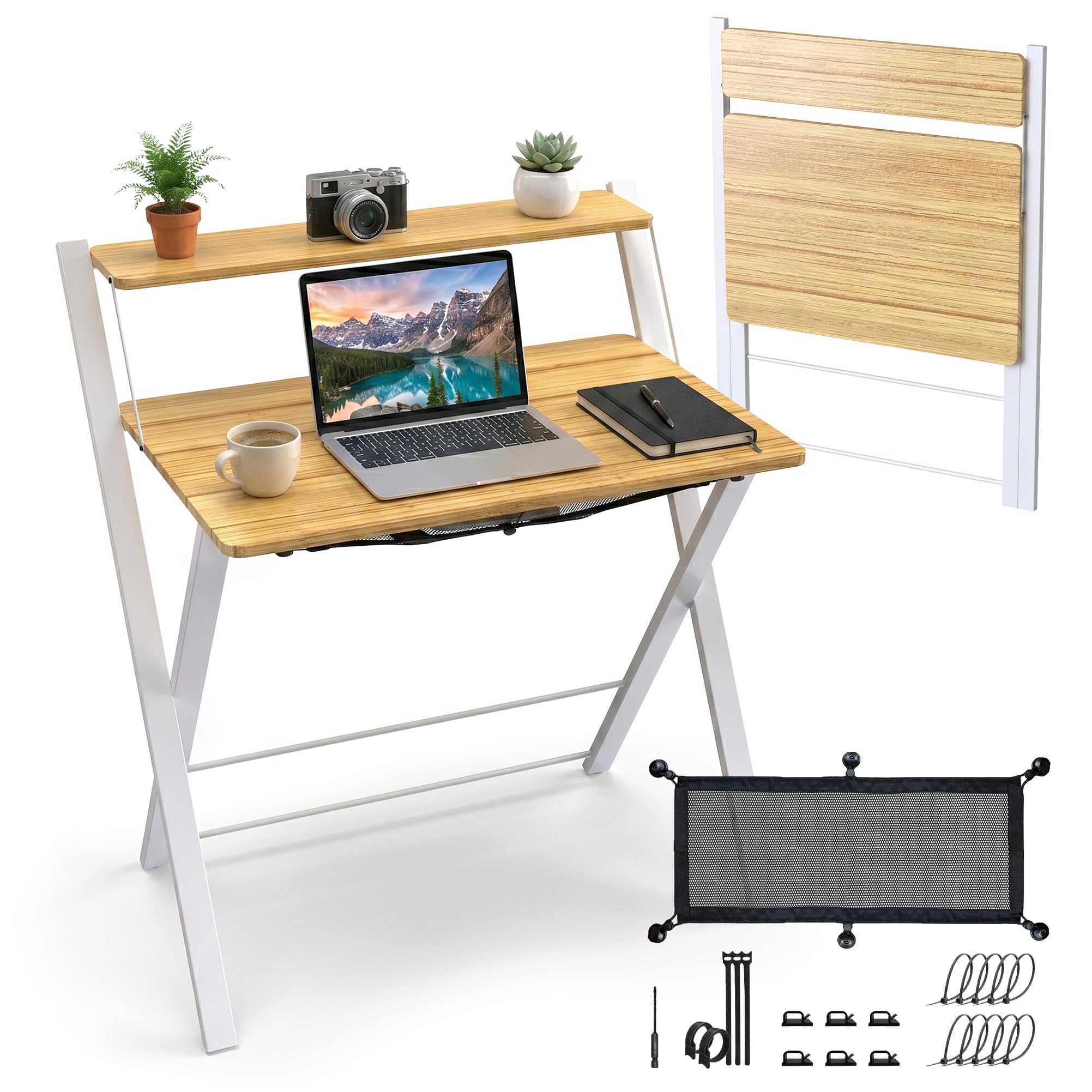 Escritorio Plegable con Estante para Monitor , Mesa Escritorio Pequeña sin Montaje , Escritorio Blanco para Oficina , Estudio o Casa , Ideal como Mesa Ordenador Portátil o Escritorio Abatible.