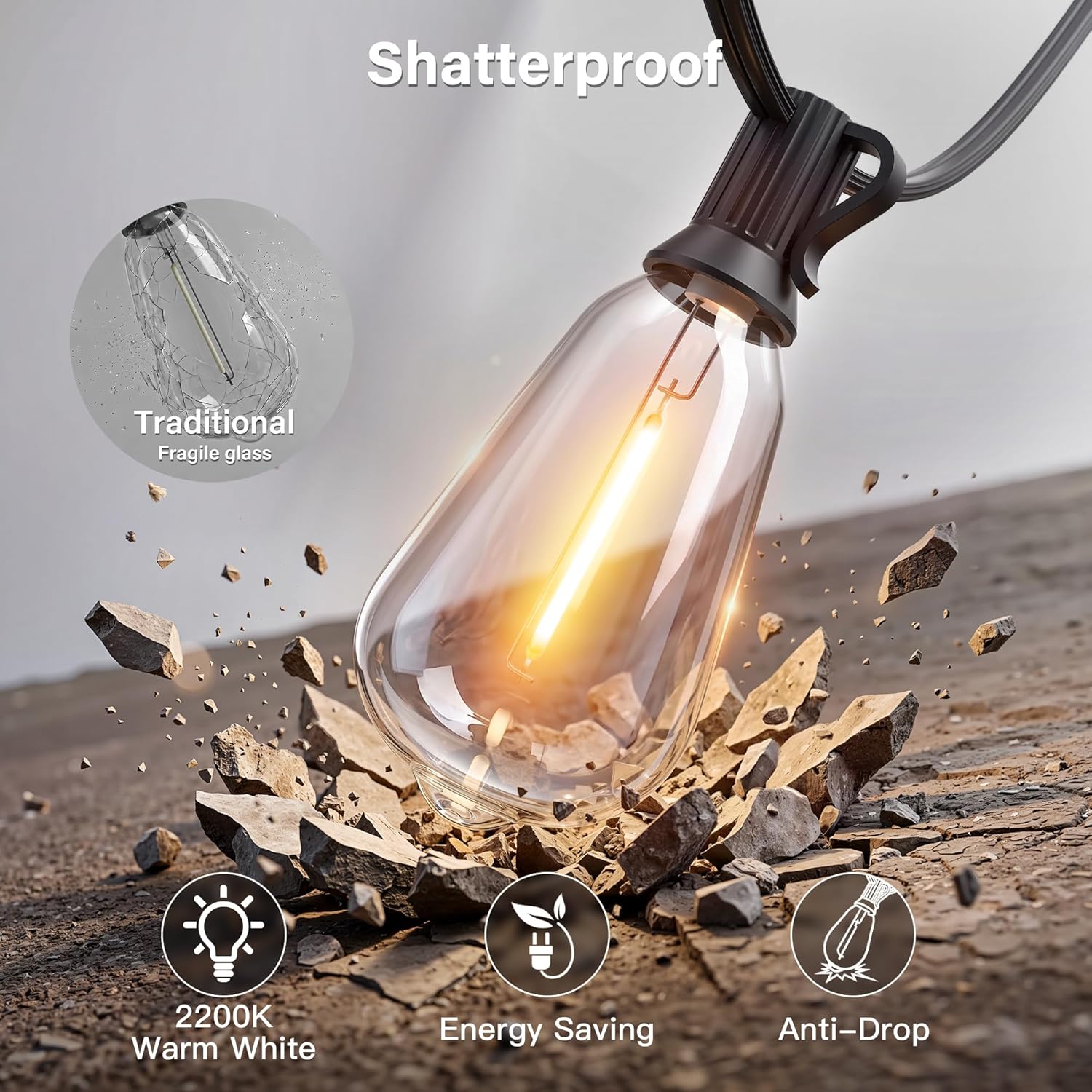 Ollny Outdoor String Lights 155FT, Shatterproof Connectable Patio Lights with 60 ST38 Edison LED Bulbs, 2200K Warm White Waterproof String Lights for Outside Backyard, Gazebo, Porch, Balcony, Bistro