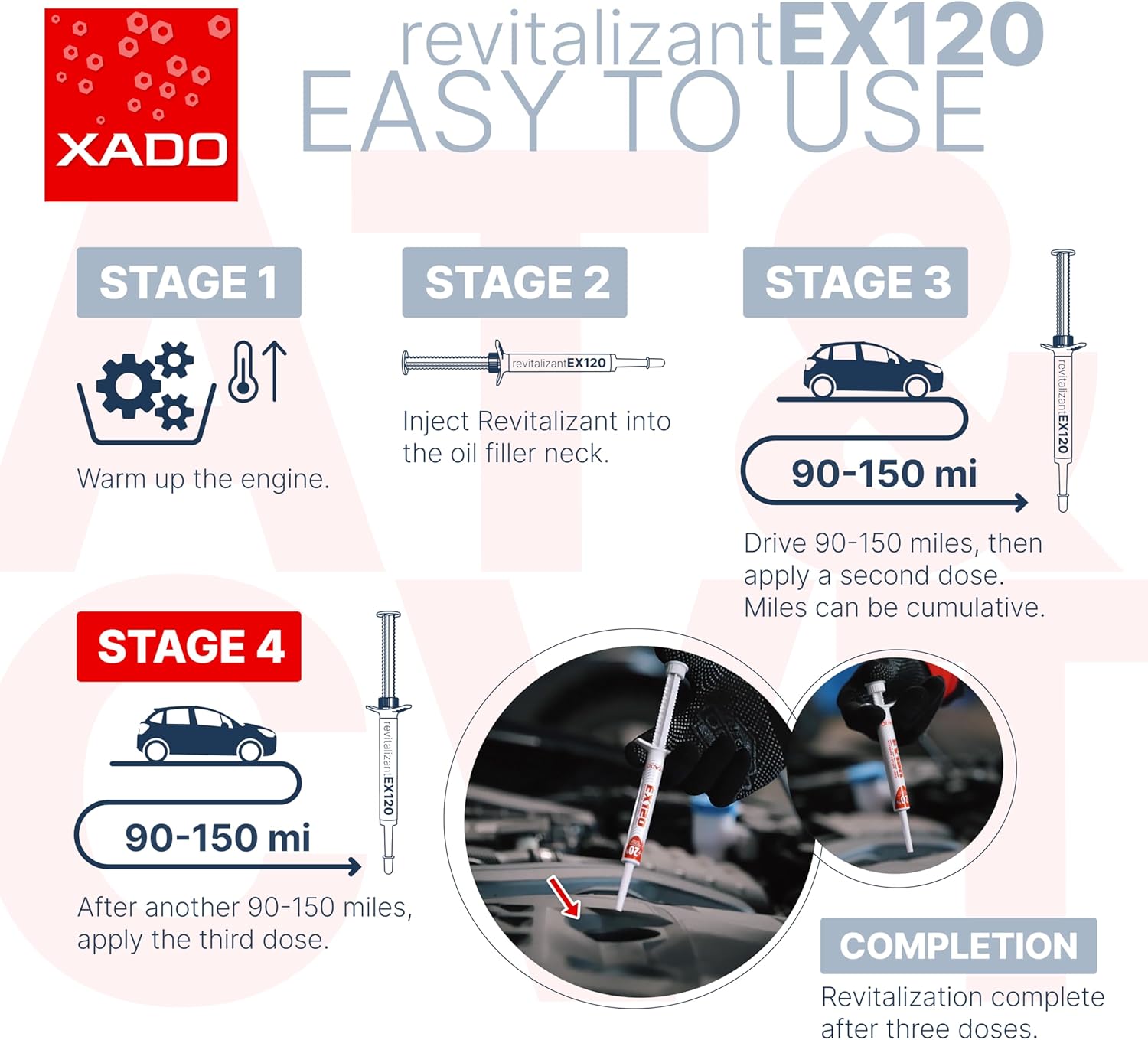 XADO EX120 Motor Oil Additive - Engine Restore - Ceramic-Metal Coating and Revitalizant - Oil Treatment for High Mileage Engines - Restores Worn Metal Parts - for Gas and LPG Vehicles (Syringe 8 ml)