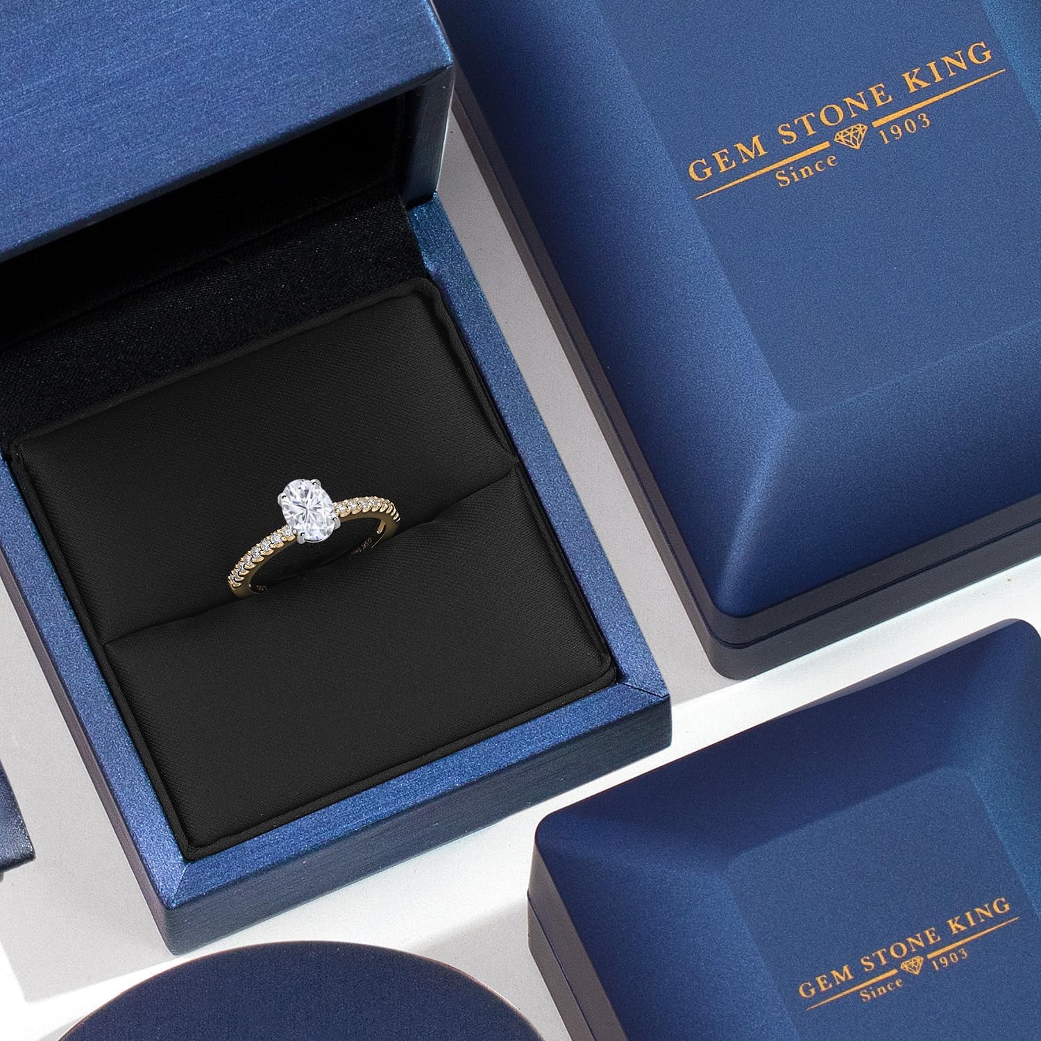 Gem Stone King 14K 2 Tone Gold White Moissanite and Lab Grown Diamond Engagement Ring For Women | 1.06 Cttw | Oval 7X5MM | Gemstone Birthstone - Image 5