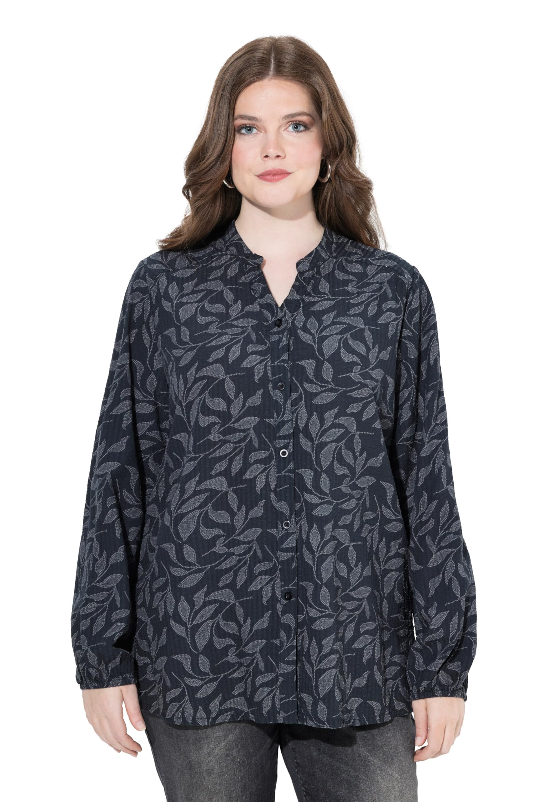 Ulla Popken Damen große Größen Übergrößen Plus Size Bluse, Cupromix, Blätter, Stehkragen, Langarm 840676