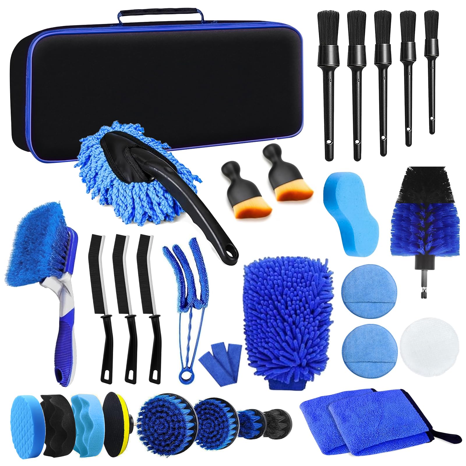 31 Pezzi Kit Pulizia Auto, Kit Lavaggio Auto Completo, Set Detailing per Interni ed Esterni, con Spazzole, Spugne per Lucidatura, Panni in Microfibra e Borsa Portaoggetti