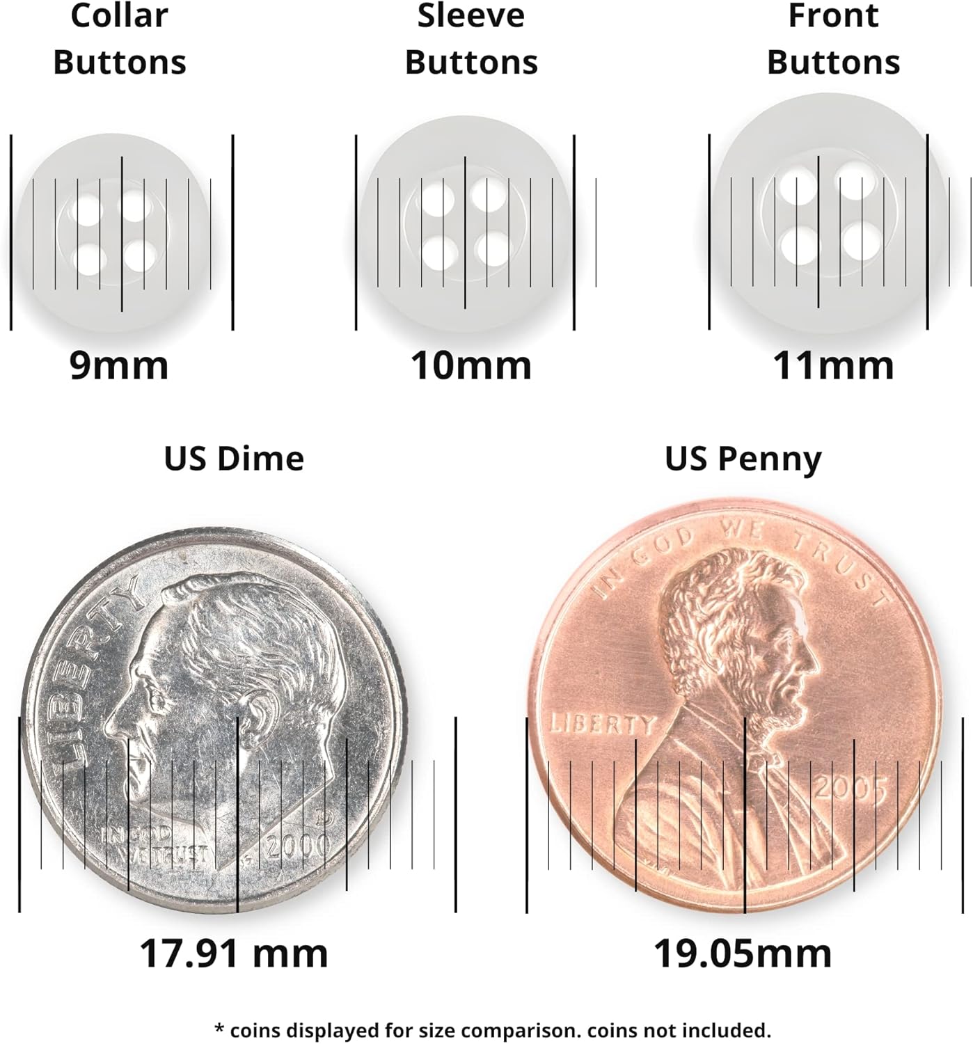 ButtonMode Standard Shirt Buttons 16pc Set Includes 8 Shirt Front Buttons (11mm or 7/16 in), 7 Sleeve Buttons (10mm or 3/8 in) & 7 Collar Buttons (9mm or Almost 3/8 in), Clear White, 22-Buttons