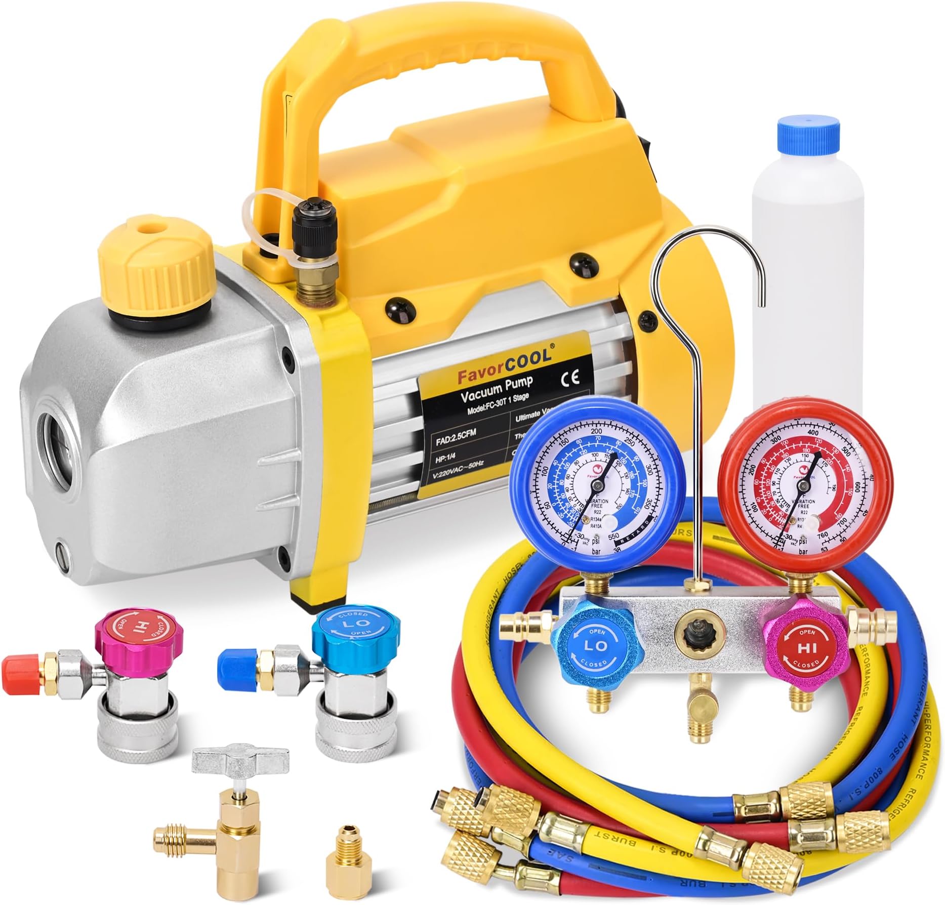 FavorCOOL AC Gauges and 3 cfm 1/4 HP Vacuum Pump Kit