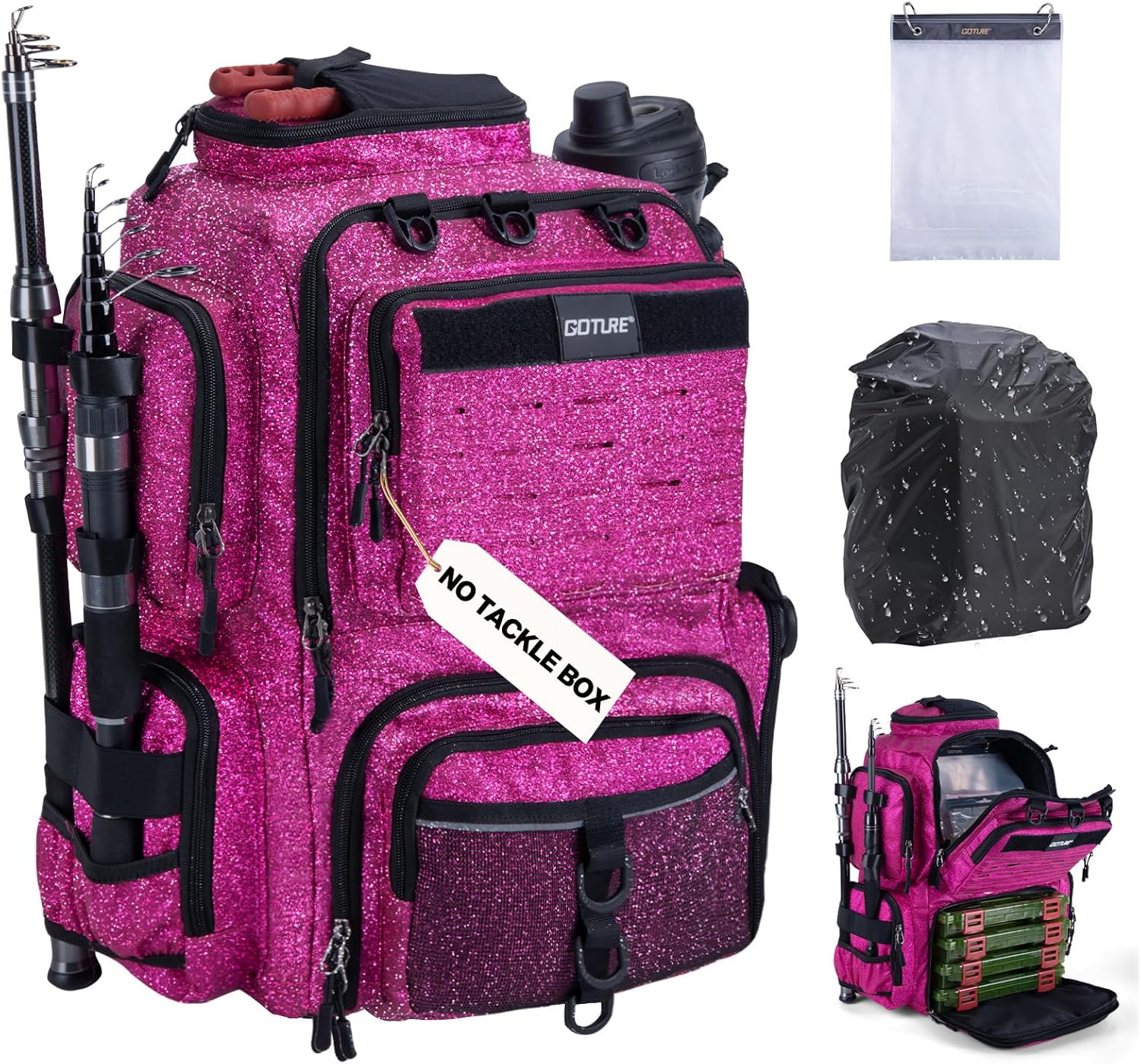 Goture Fishing Backpack, 900D Water-Resistant Tackle Backpack with Rod Holders, 45L Large Fishing Bag Storage Gear Tackle Bag with 8 Lure Pockets, Rain Cover for Camping Hiking(Without Tackle Box)