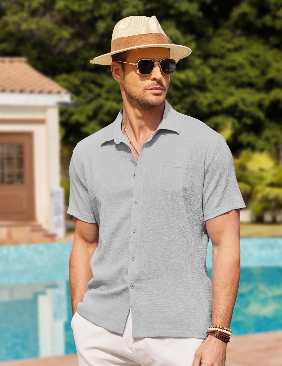 COOFANDY Men's Casual Button Down Short Sleeve Shirt Textured Summer Beach Vacation Shirt - Image 5