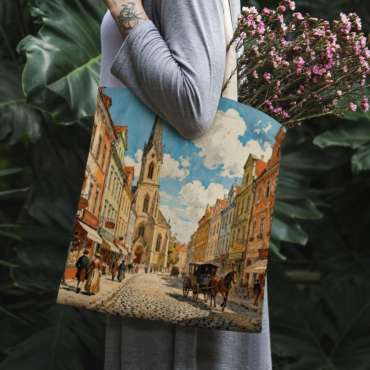 European Street View Canvas Tote Bag Reusable Grocery Bags Foldable Soft Cotton Shoulder Carry Bag