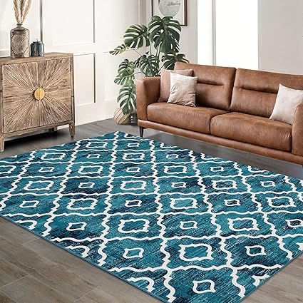 GlowSol 8x10 Area Rug for Living Room Washable Rug Modern Trellis Farmhouse Neutral Geometric Low Pile Water Repellent Non-Slip Soft Rug for Dining Room Bedroom Teal