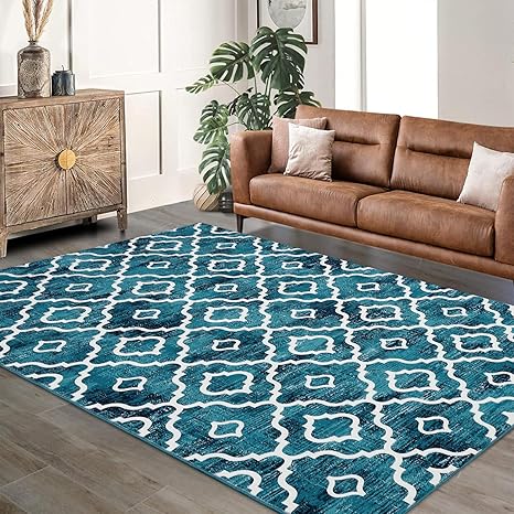 GlowSol 8x10 Area Rug for Living Room Washable Rug Modern Trellis Farmhouse Neutral Geometric Low Pile Water Repellent Non-Slip Soft Rug for Dining Room Bedroom Teal