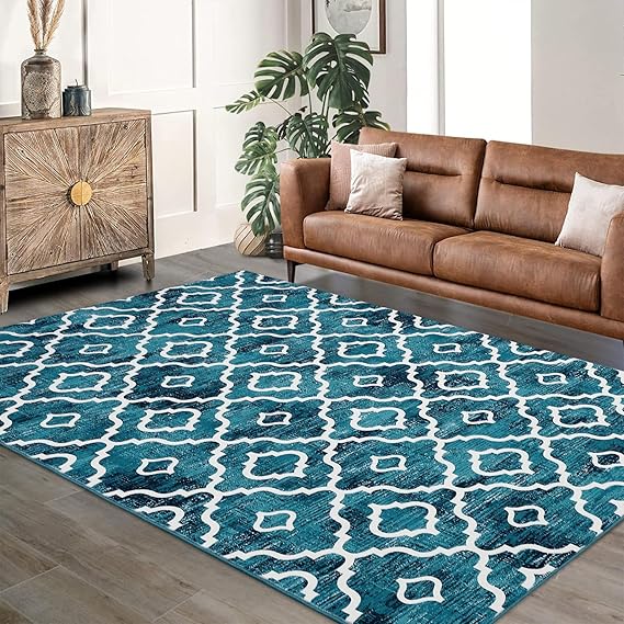 GlowSol 8x10 Area Rug for Living Room Washable Rug Modern Trellis Farmhouse Neutral Geometric Low Pile Water Repellent Non-Slip Soft Rug for Dining Room Bedroom Teal