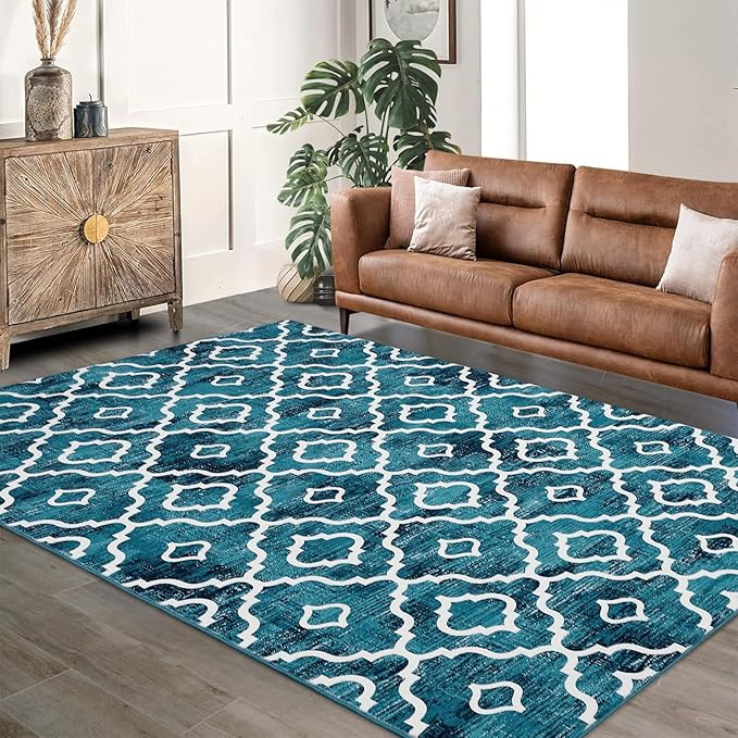 GlowSol 8x10 Area Rug for Living Room Washable Rug Modern Trellis Farmhouse Neutral Geometric Low Pile Water Repellent Non-Slip Soft Rug for Dining Room Bedroom Teal
