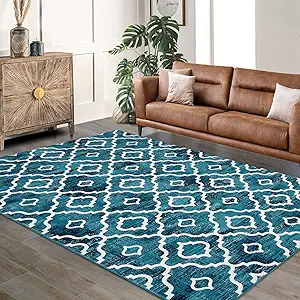 GlowSol 5x7 Area Rug for Living Room Washable Rug Modern Trellis Farmhouse Neutral Geometric Low Pile Water Repellent Non-Slip Soft Rug for Dining Room Bedroom Teal