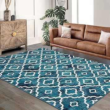 GlowSol 8x10 Area Rug for Living Room Washable Rug Modern Trellis Farmhouse Neutral Geometric Low Pile Water Repellent Non-Slip Soft Rug for Dining Room Bedroom Teal