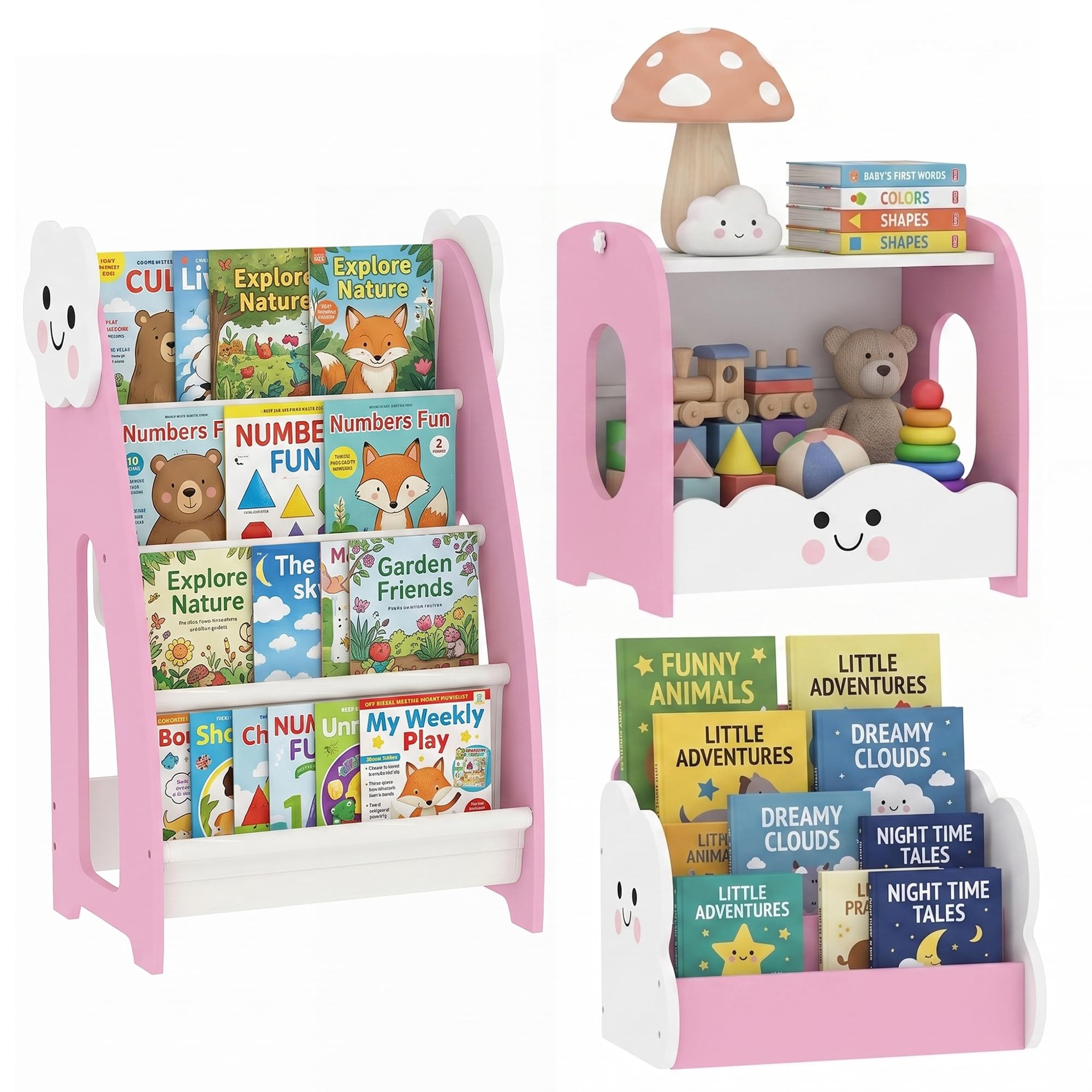 AIYAPLAY Estantería Infantil para Juguetes 3 en 1 85,5x32x72 cm Rosa | Organizador de Juguetes con Librería, Revistero y Mesita de Noche, para Niños 3-8 Años, para Dormitorio, Sala de Juegos