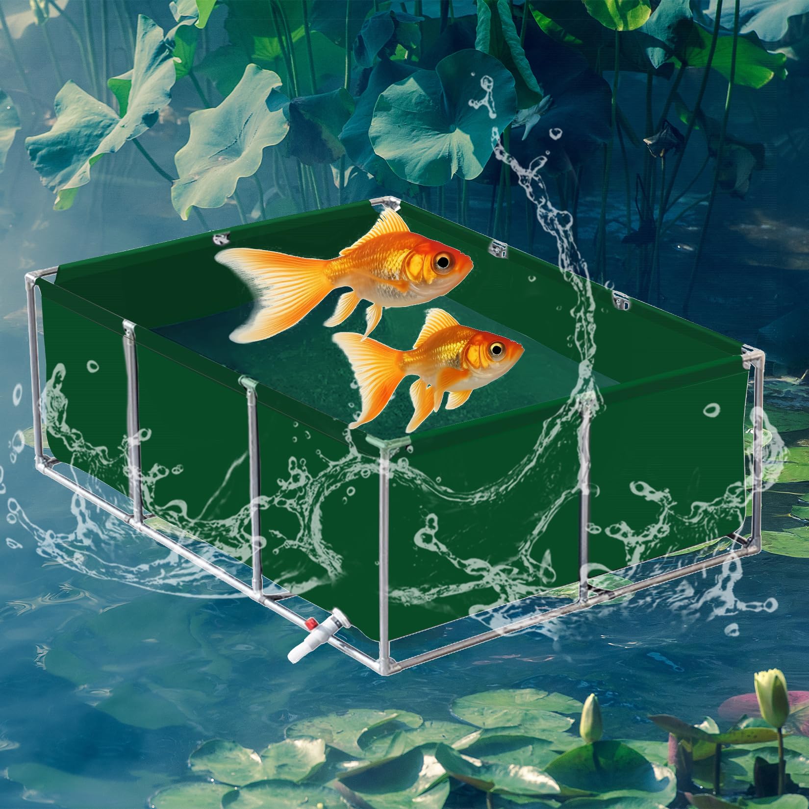 Grande Acquario da Esterno con valvola di Scarico, in Tela PVC e Acciaio, Facile da installare; Grande laghetto Fuori Terra per Koi, Adatto all'allevamento e all'acquariofilia Domestica.