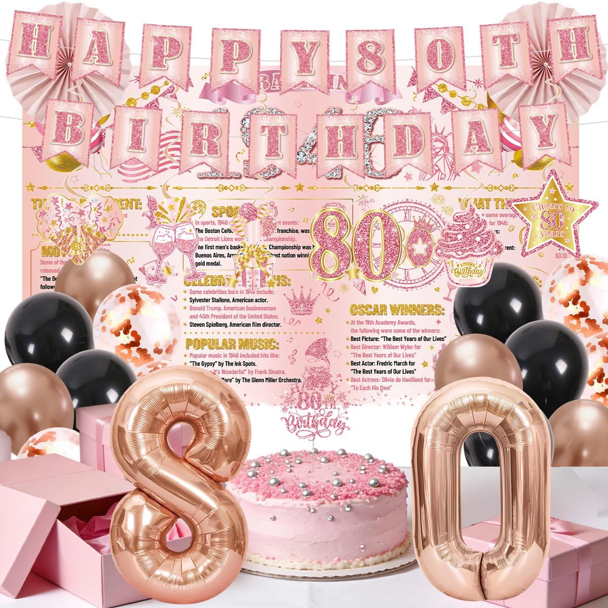 80th Birthday Decorations for Women 37PCS Rose Gold 80th Party Decorations Banner, 1946 Bday Backdrop, Haning Swirls, Paper Fan, Cake Topper, Crown, Sash, Balloons, Cheers to 80 Years Party Supplies