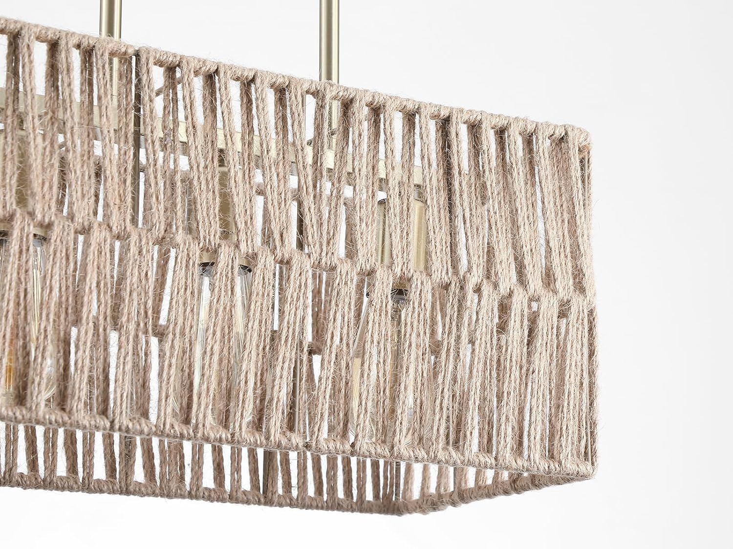 Coastal Boho Woven Kitchen Island Lighting, 3 Lights Rectangular Pendant Light Fixture, Adjustable Rods Handmade Hemp Rope Linear Chandelier for Kitchen Island Farmhouse Dining Room, Antique Gold