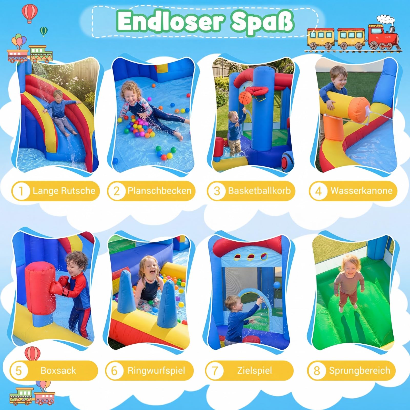 COSTWAY Hüpfburg mit Wasserrutsche, Sprungbereich, Planschbecken, Wasserkannonen, Boxsack, Ringwurfspiel, Zielspiel, Ozeanbälle & Basketball, Wasserhüpfburg für Kinder, Wasserpark für Außenbereich