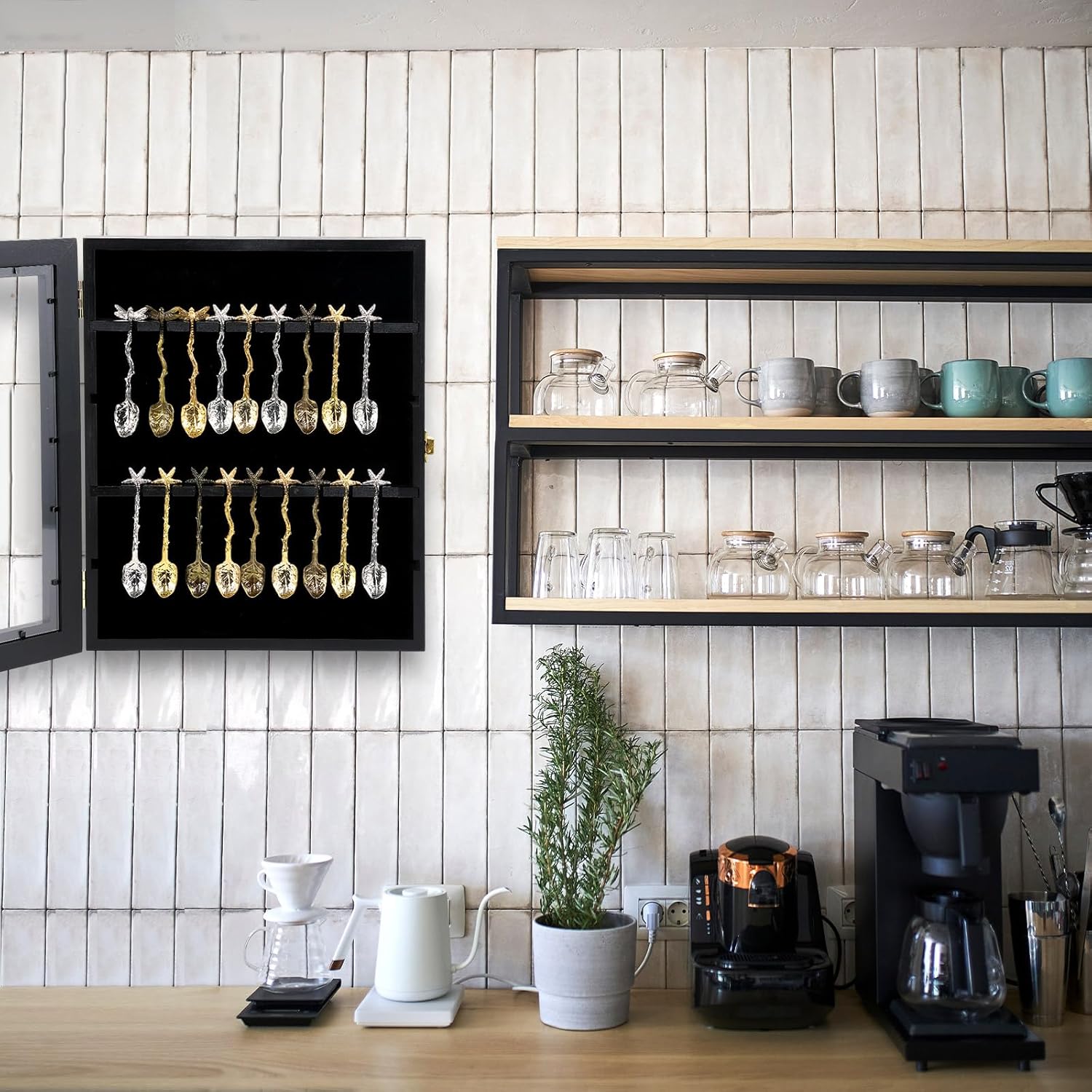 Tea Spoon Display Case Wall Mount Wooden Case Cabinet W/98% UV Acrylic Door Lockable Storage Display Box for Teaspoon Collection (Black Finish,18 Souvenir Spoon)