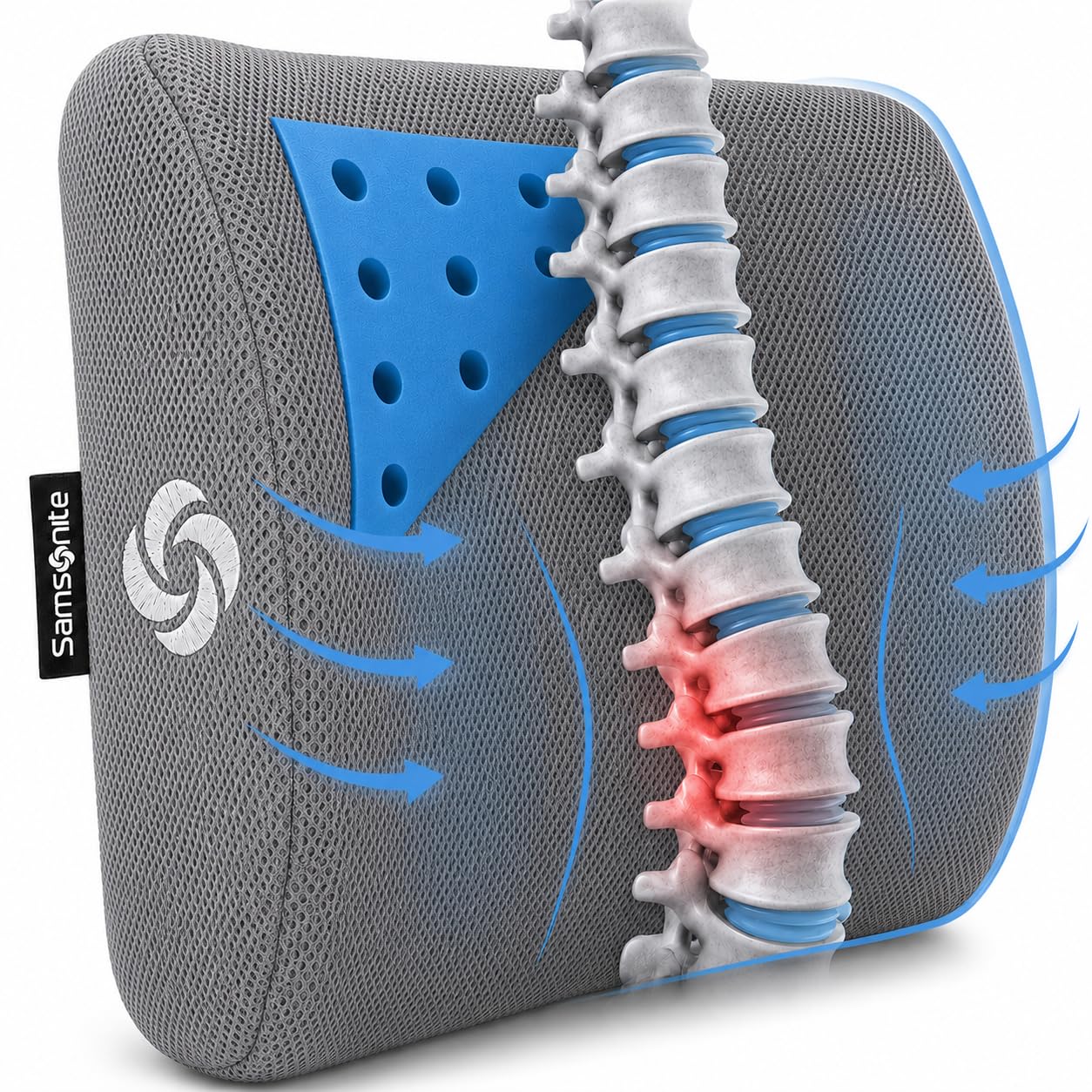 Samsonite Memory Foam Lumbar Support Pillow for Office Chair, Gaming Chair, or Car-Ergonomic Back Cushion-Home Essentials for Sitting Comfort and Posture Relief Back Support with Cooling Gel, Grey