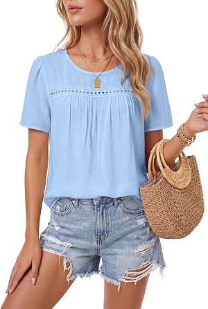 Vrtige Womens Tops Lace Crochet Boho Blouses Short Sleeve Crewneck Casual Flowy Eyelet Shirts