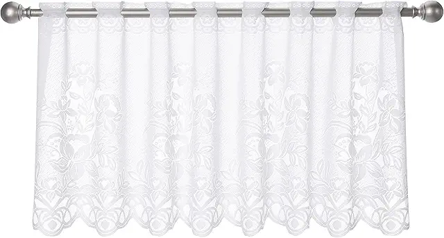 White Bistro Curtain with Floral Motif - Semi-Transparent Window Dressing 60x160cm