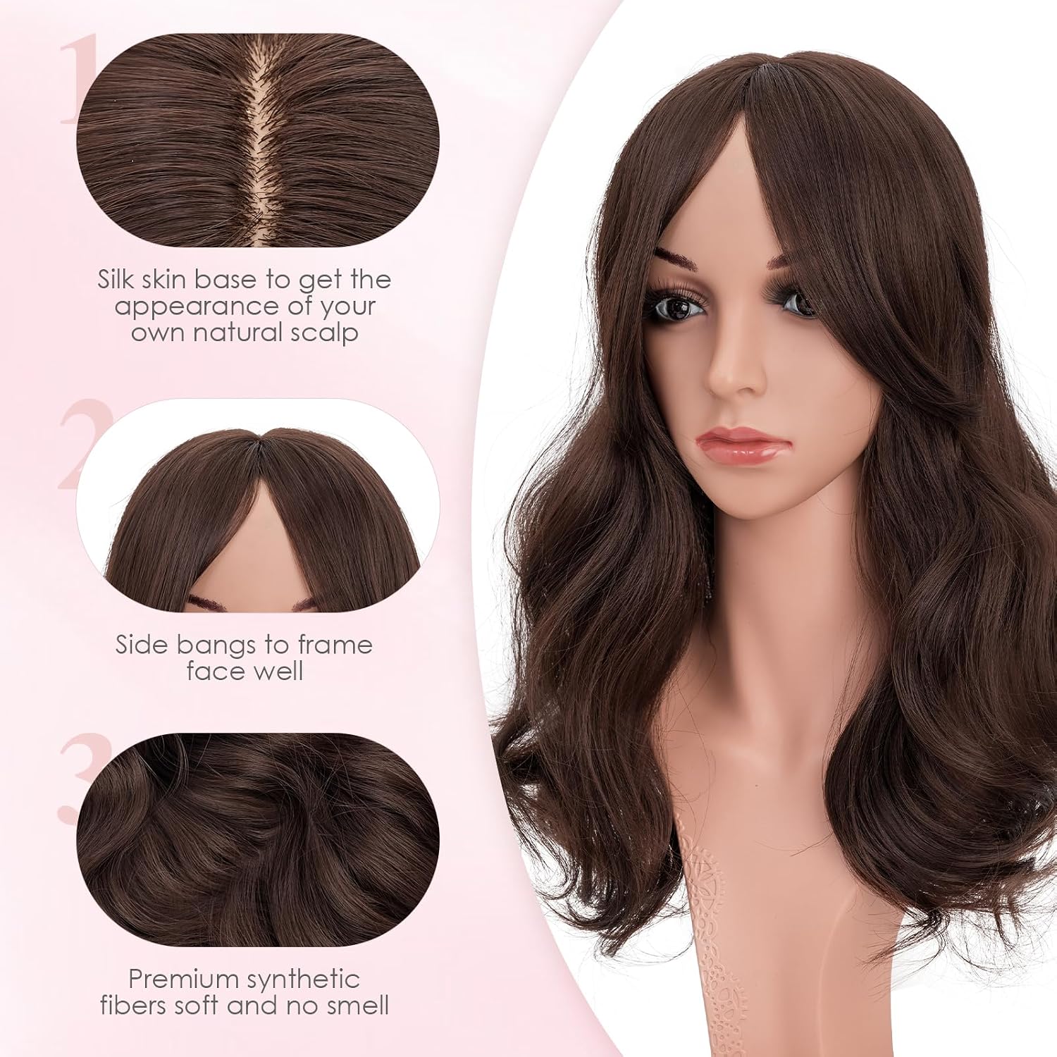 S-noilite 18inch Hair Toppers for Women with Fringe Bang Long Wavy Curly Hair Pieces for Women with Thinning Hair Clip in Hair Topper Highlight Synthetic Wig Add Hair Volume Dark Brown