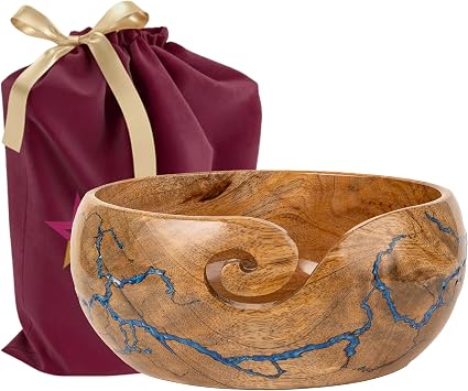 Bhartiya Handicrafts Wooden Yarn Bowl for Crocheting Mango Wood Small Crochet & Knitting Holder with Fractal Wood Burning & Blue Resin Artwork Blue - 6x6x3 in