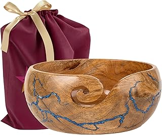 Wooden Yarn Bowl Small Crochet & Knitting Holder with Fractal Wood Burning & Resin Artwork (Blue - 6x6x3 in)