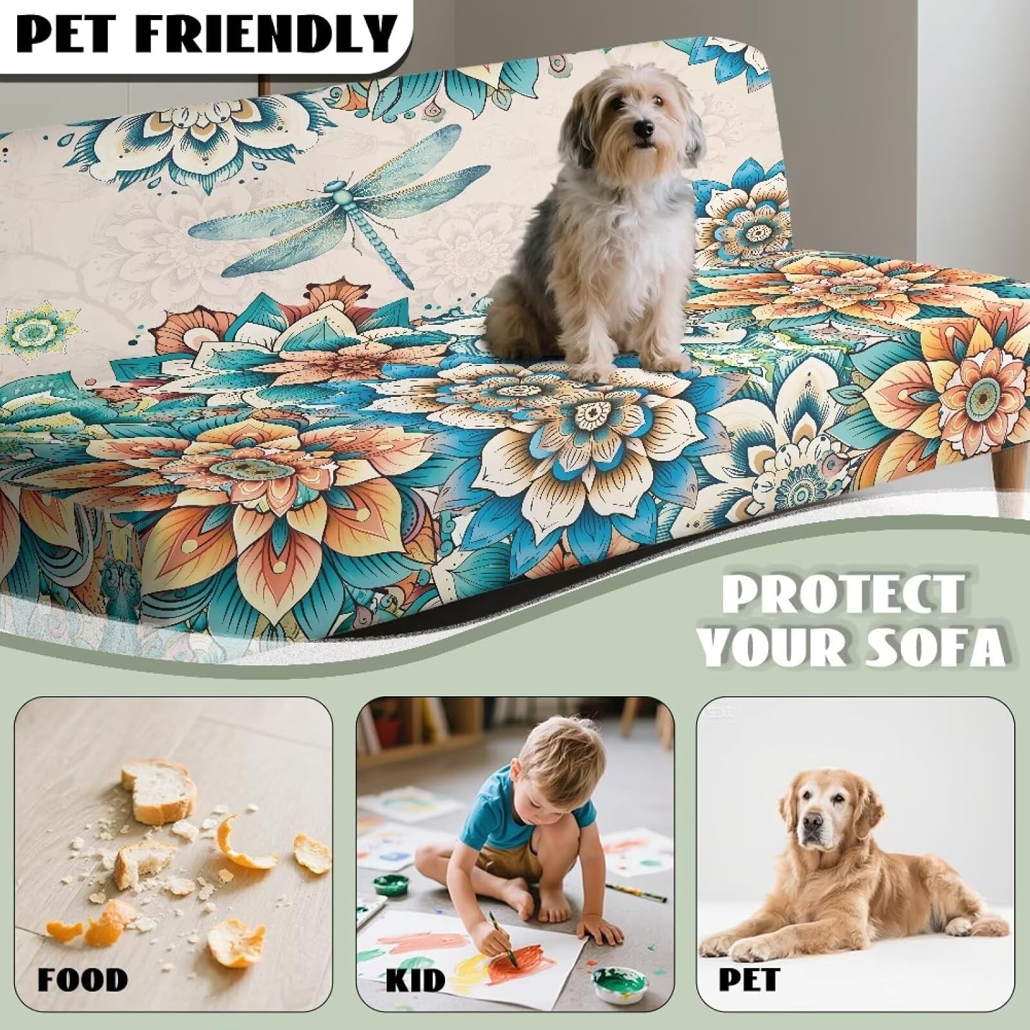 Suobstales Boho Mandala Dragonfly Print Futon Cover High Stretch Armless Sofa Covers Foldable Sofa Bed Covers Jacquard Futon Slipcover Waterproof Furniture Protector for Kids, Pets