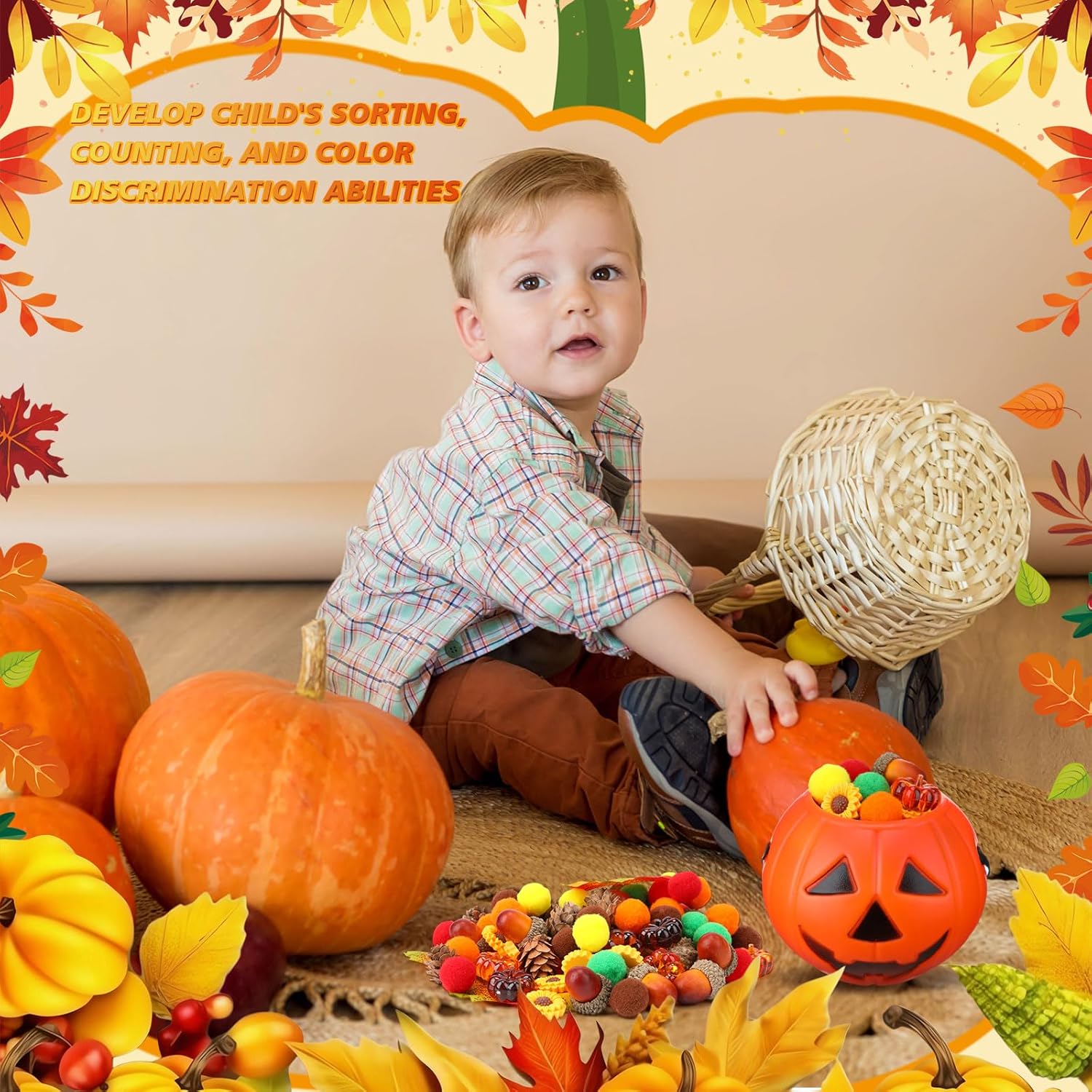 149 Pcs Thanksgiving Sensory Bin Filler Fall Sensory Bin Items Table Skills Set Include Cognitive Cards Acorn Maple Leaf Sunflower Pinecone Pumpkin Decor for Sorting Counting Training