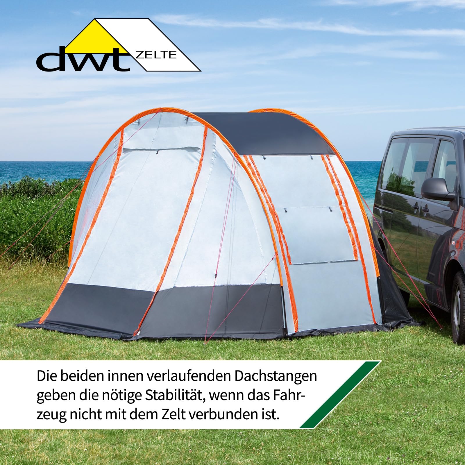 DWT Buszelt Picco 320 x 150 +100 cm, freistehendes Mobilzelt, leichtes Vorzelt mit konventionellem GFK-Gestänge für Camper Vans inkl. Abspannmaterial