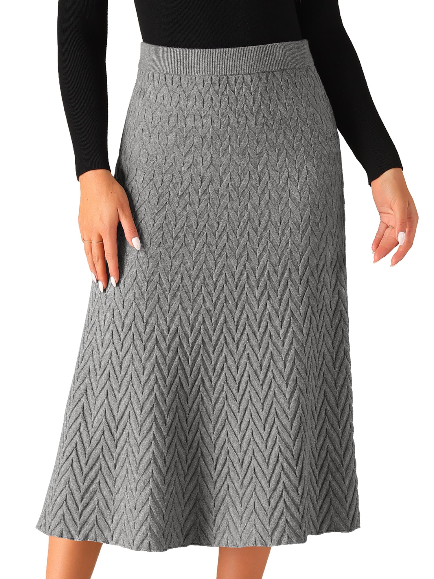 Gray Women's Ribbed Knit A-Line Skirts Elastic High Waist Stretchy