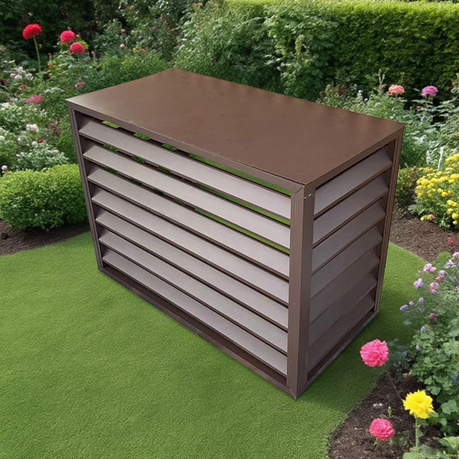 Aluminiowa osłona klimatyzatora z obudową pompy ciepła, zewnętrzna osłona ogrodzeniowa AC (brązowa, 110 x 60 x 80 cm) – ochrona przed warunkami atmosferycznymi do urządzeń HVAC