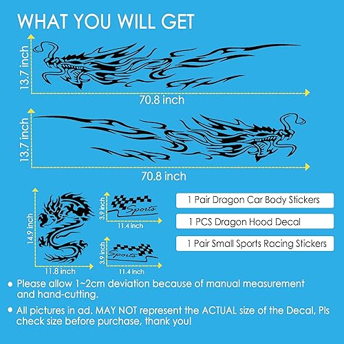 Miniatura 2 de Fochutech Calcomanías y calcomanías geniales de automóvil para hombres, diseño de dragón grande, diseño de rayas de vinilo para autos, llamas,