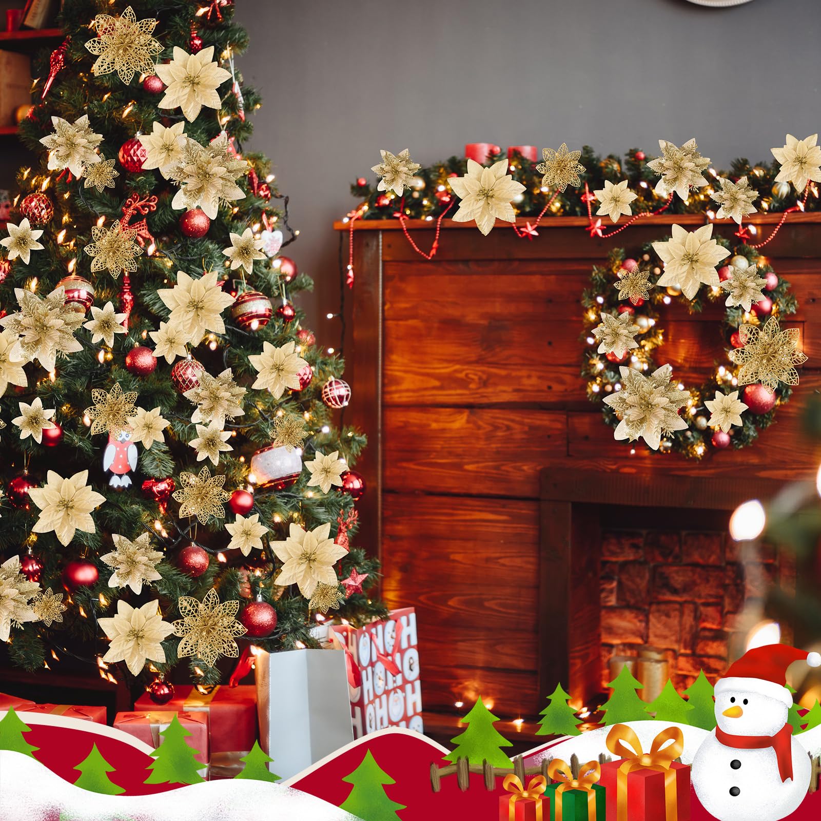 Amazon.co.jp: Zeyune 48個 クリスマス グリッター ポインセチア Xmas