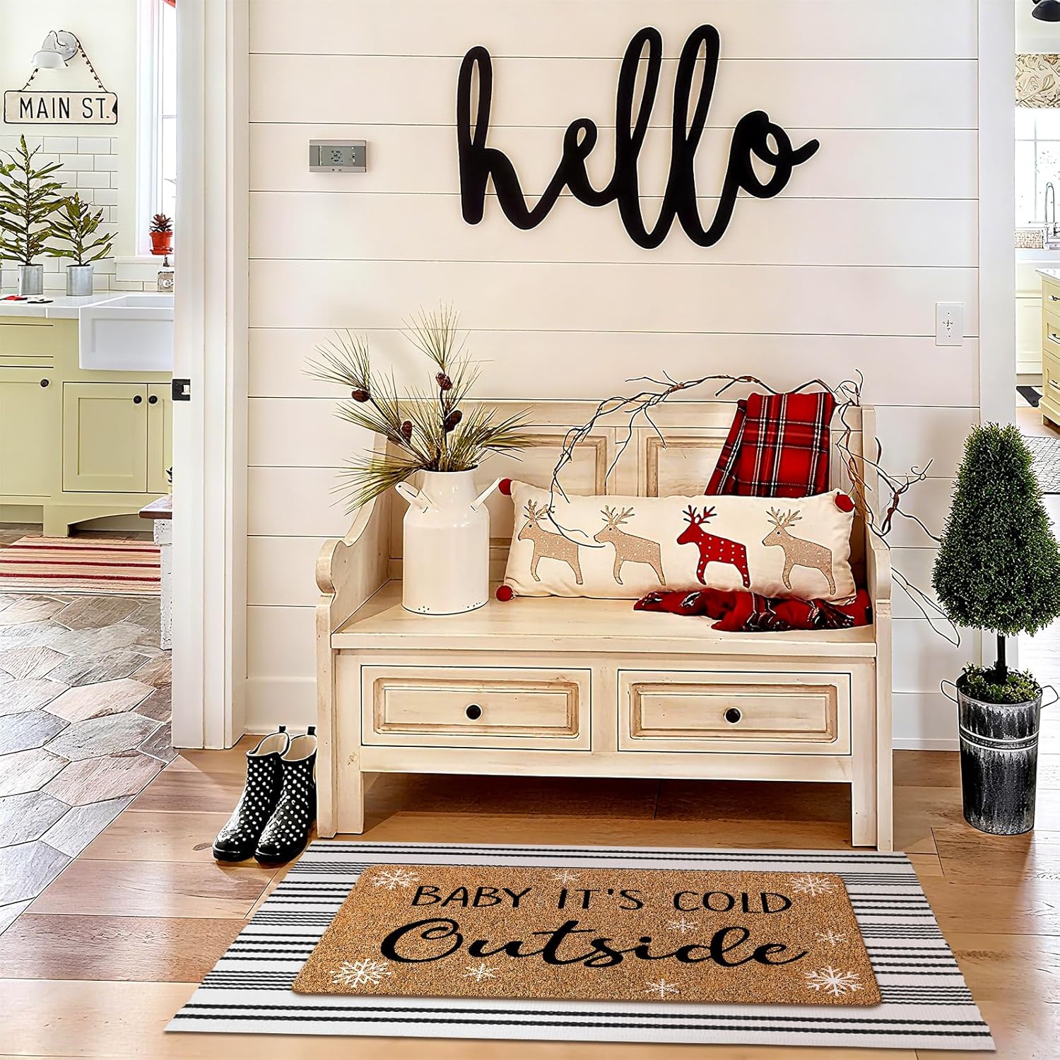 Duraaamo 2 Pcs Baby It's Cold Outside Door Mat Winter Christmas Nature Coir Welcome Outdoor Rug Black White Stripe Outdoor Christmas Front Porch Rugs Non Slip Floor Mats Indoor Entrance Decor