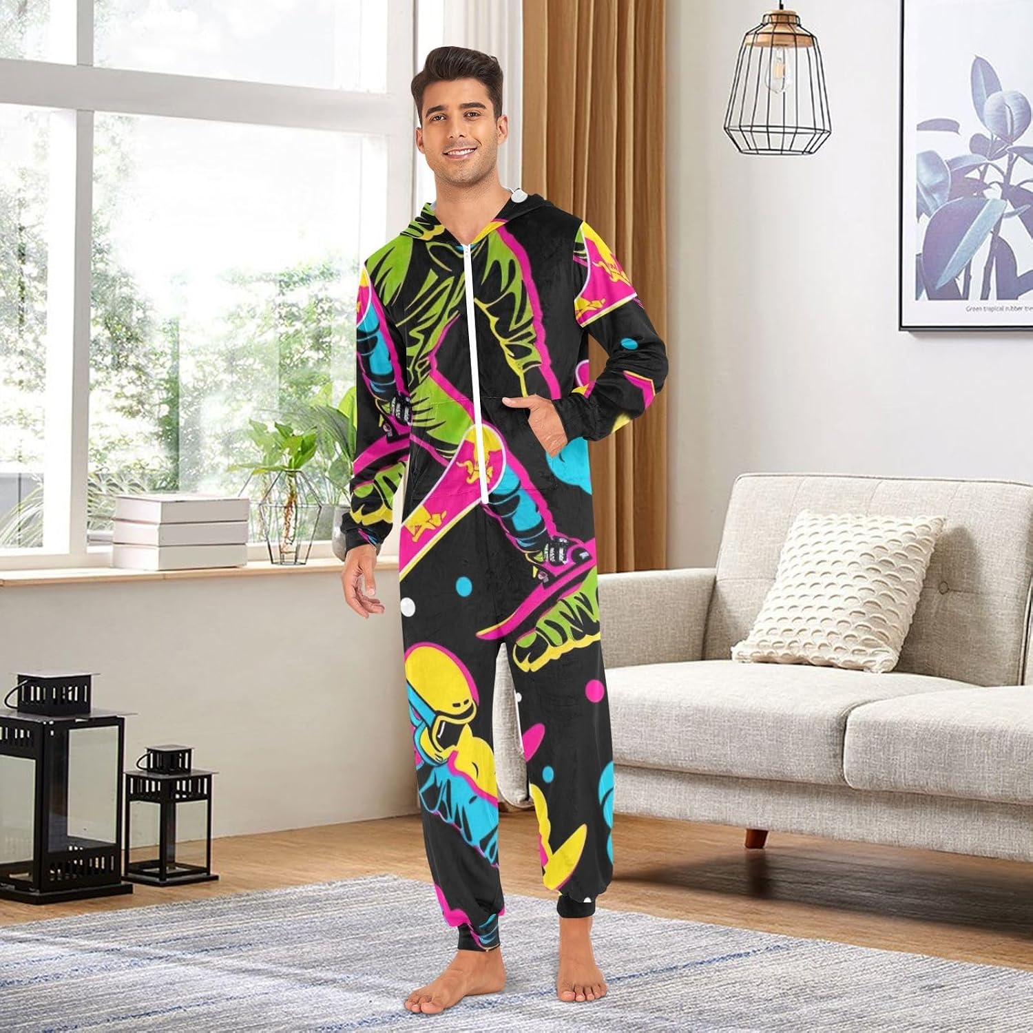 GAIREG Colorful Ski Adult Onesie Pajamas Warm Plush One Piece Jumpsuit with Hood for Men Women Christmas Loungewear