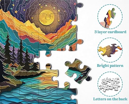 Miniatura 4 de Rompecabezas mágicos de noche estrellada para adultos, 1000 piezas, árbol natural, montaña, río, puesta de sol, paisaje, colorido,