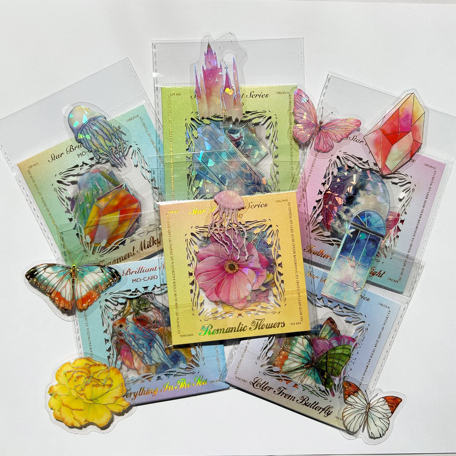 120Pcs Holographic Glitter Stickers 6 Themes PET Vintage Transparent Sticker Decorative Decals Self-Adhesive Waterproof Daily Sticker for Scrapbooking Planner Bullet Junk Journal Supplies