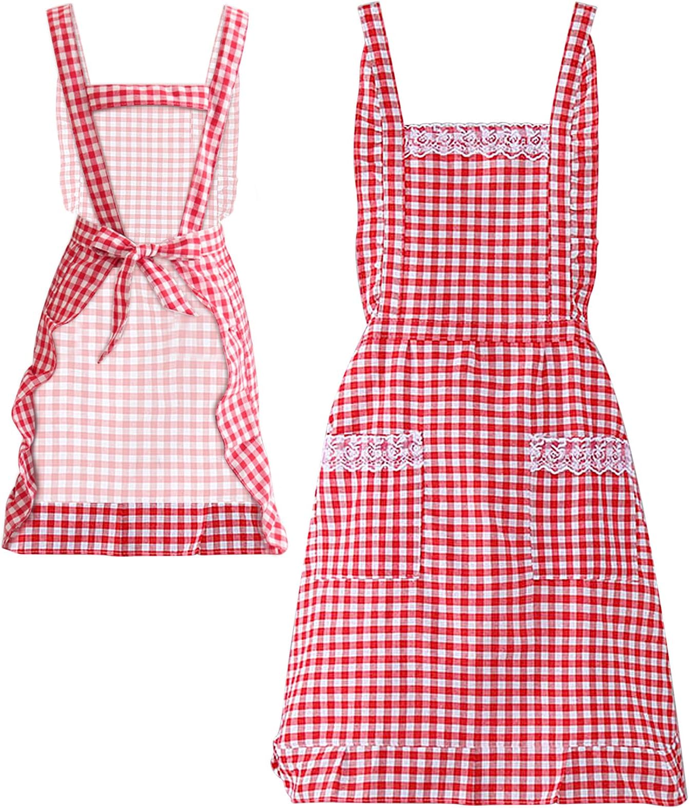 Women Classic Vintage Apron, Red and White Gingham Cotton Apron, Home Kitchen Chef Bib