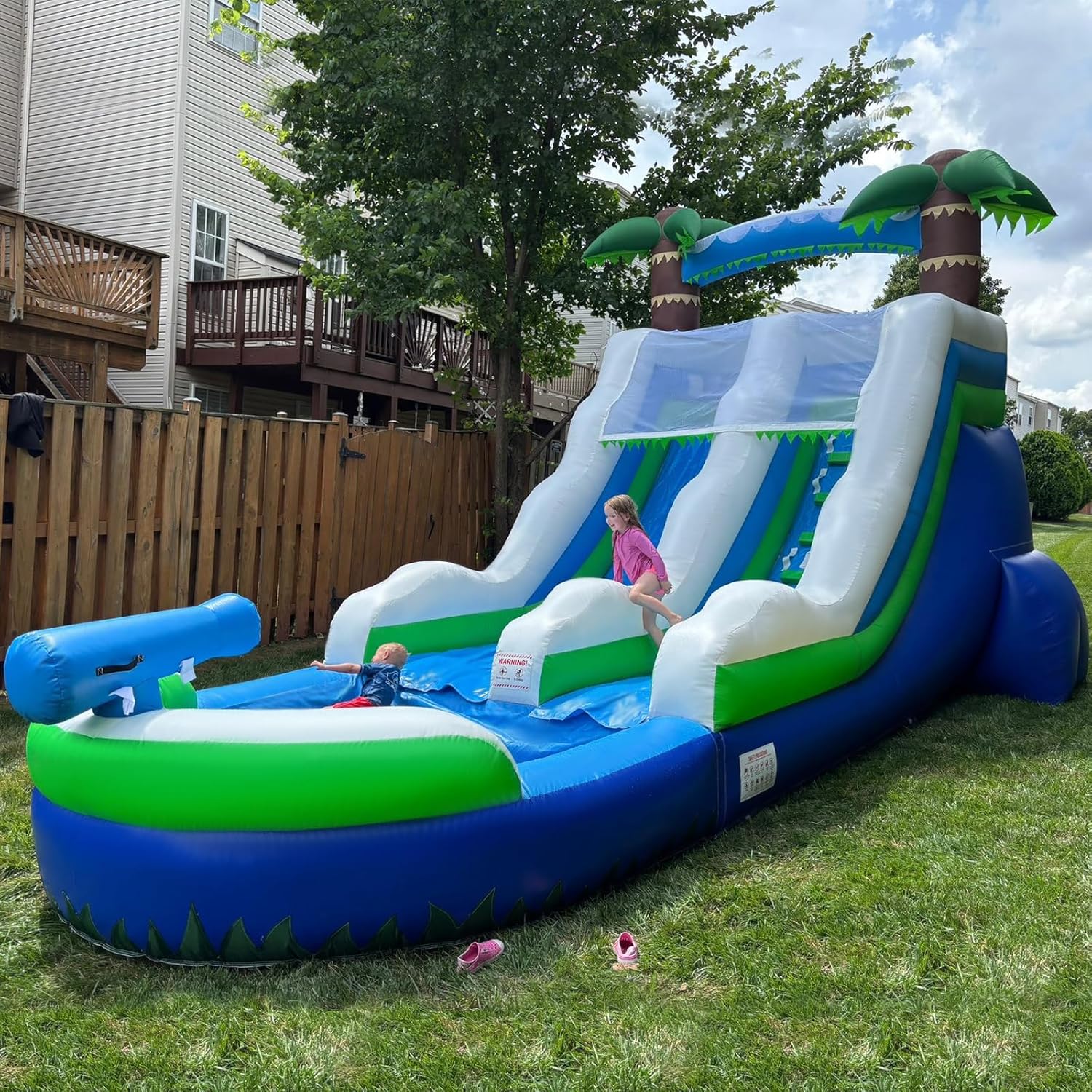 OZIS 23' Blue Commercial Grade Water Slide Inflatable with Replaceable Climbing and Pool Wet Dry Use, Tropical Lightweight Premium Water Slide for Summer Fun（with Blower）