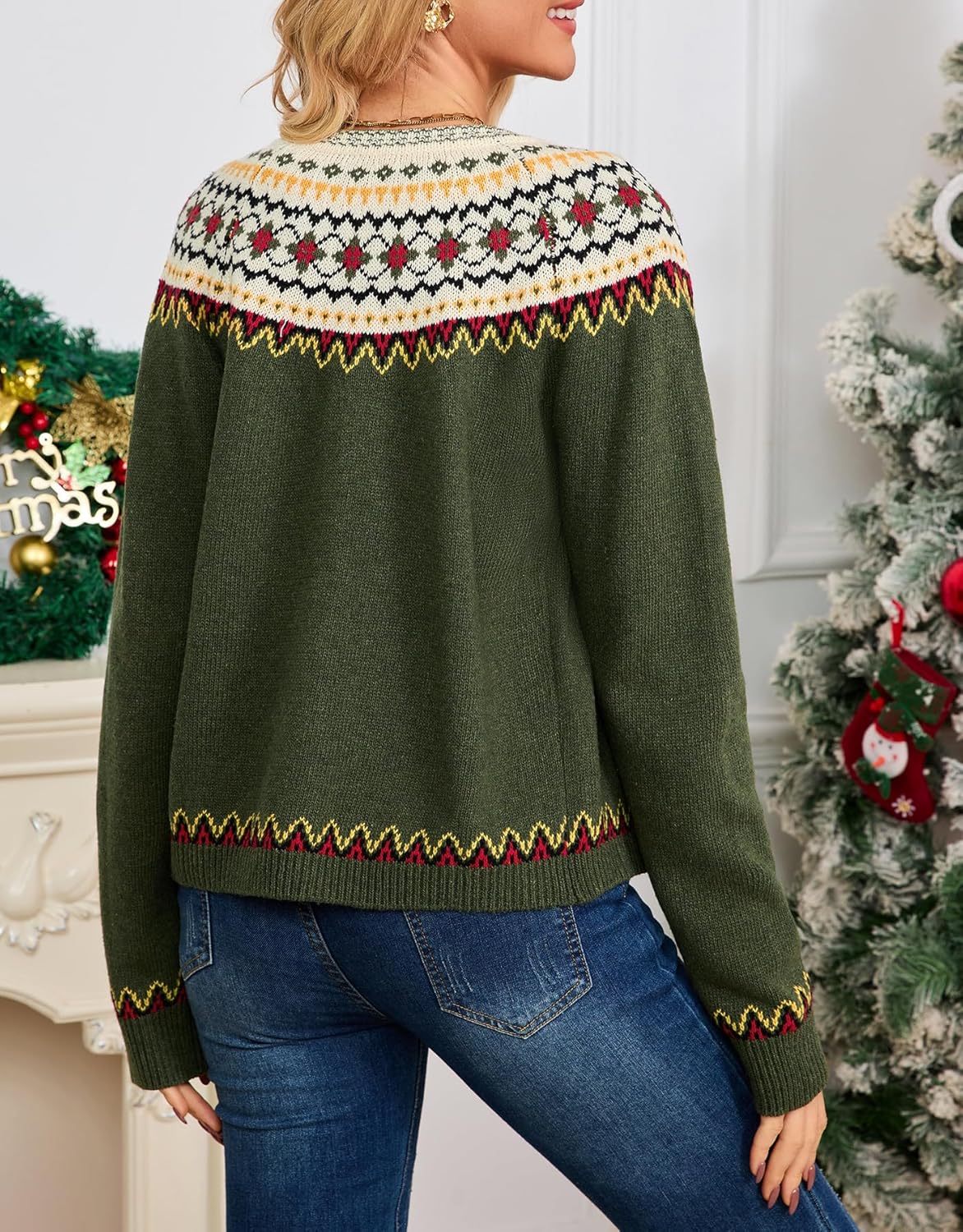 Kedera Womens Cardigans Casual Long Sleeve Chunky Knit Spring Button Down Fair Isle Cardigan Sweaters - Image 2